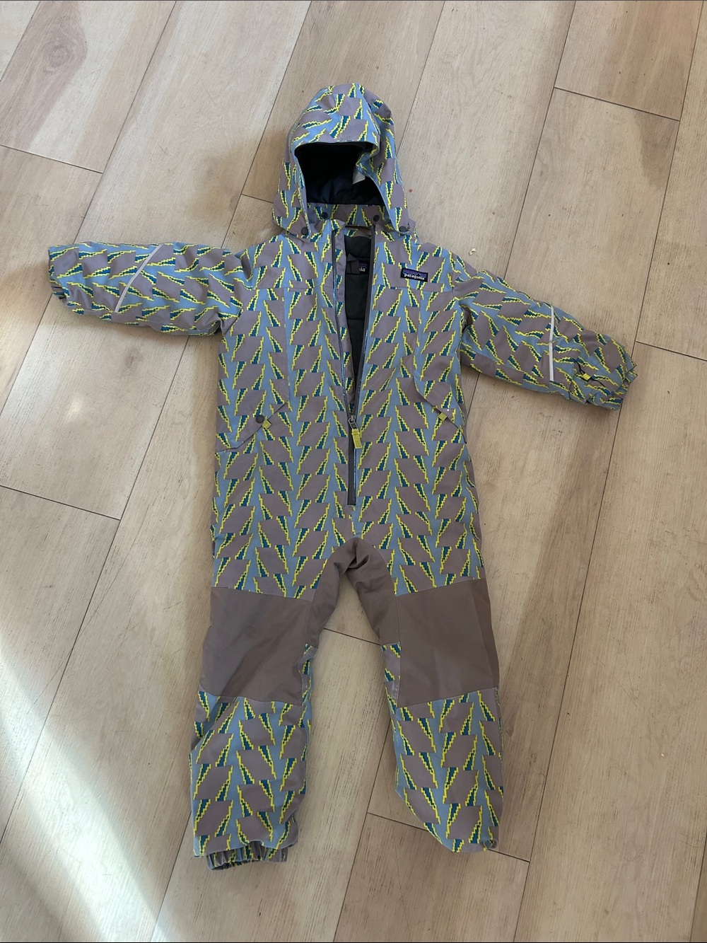 Patagonia Kids Gray One-Piece Snowsuit with Yellow and Green Print